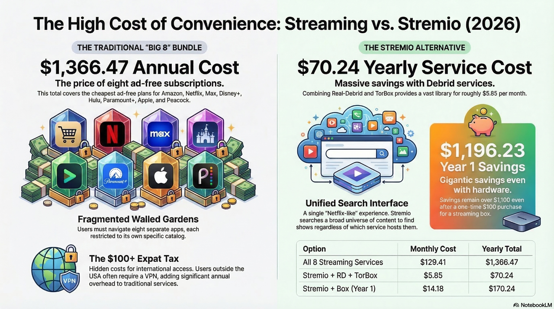 The High Cost of Convenience: Streaming vs. Stremio 2026 — cost comparison infographic